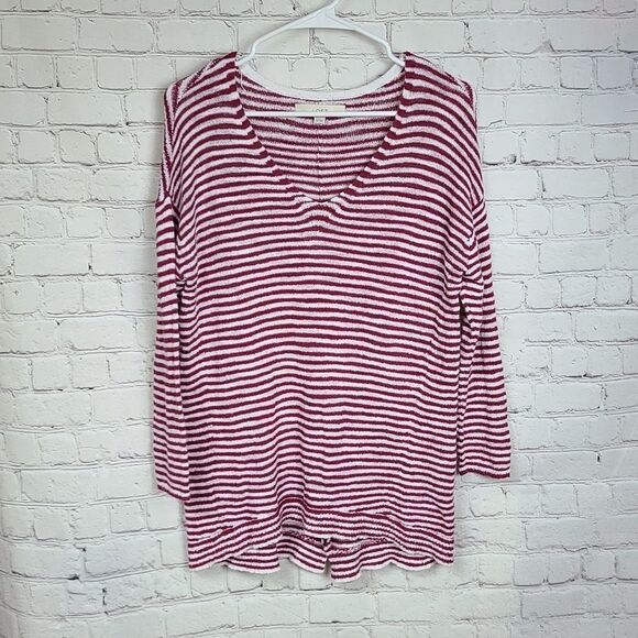 LOFT Red & White Stripe Oversize High Low Split Back V-neck Sweater Slub Knit XS - Picture 3 of 8